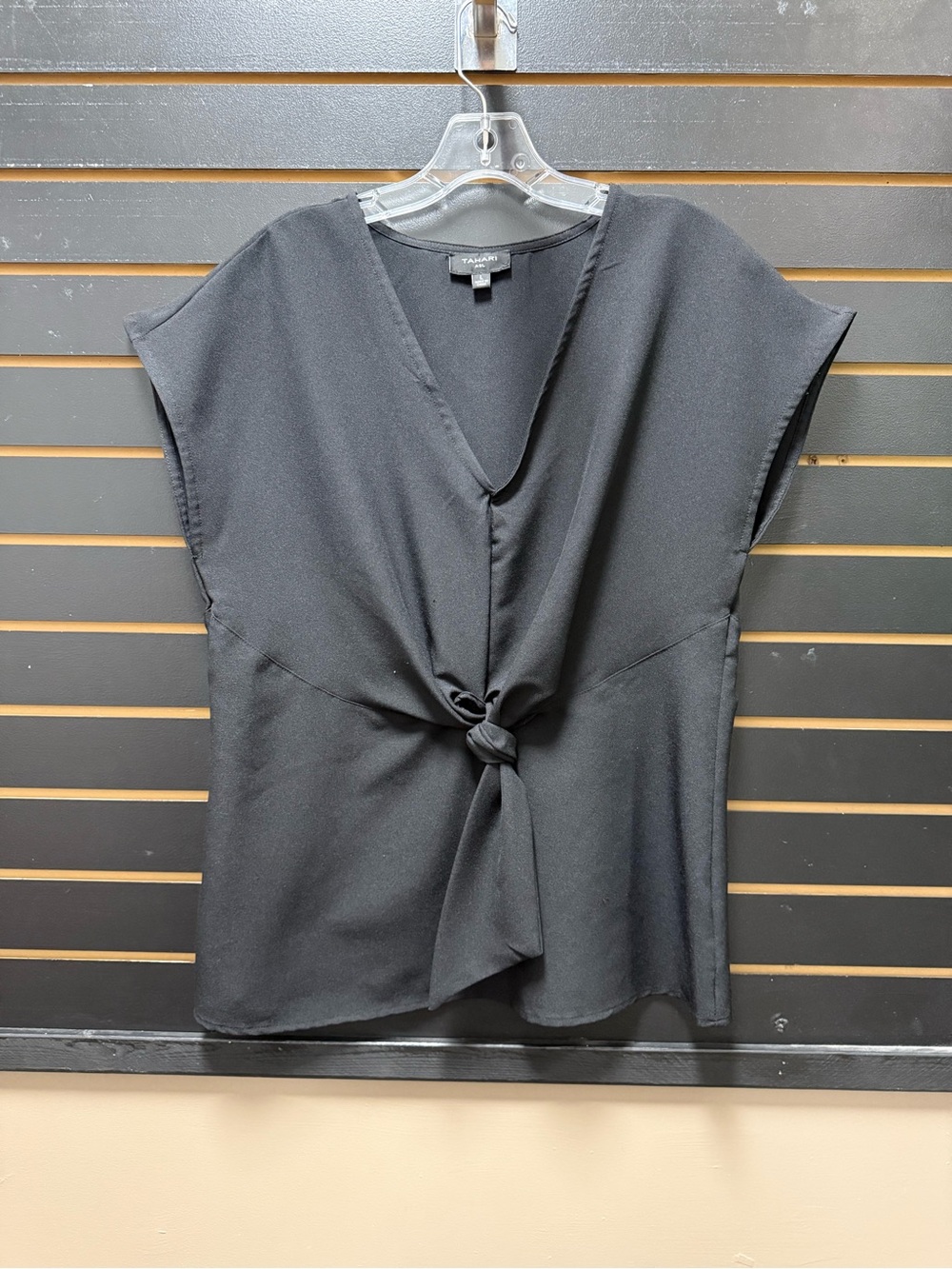 Tahari ASL Black Twist Front V Neck Blouse Top Large